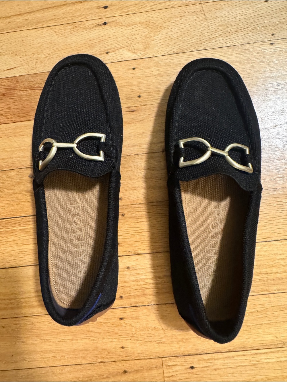 Rothy's Black Loafers with Gold Horsebit Buckle Accent